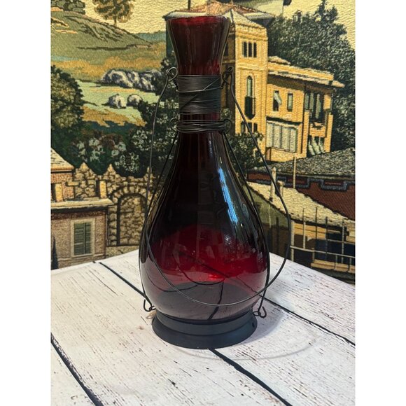 Vintage Red Glass Hanging Lantern Tea Light Holder With Metal Wire Wrap & Handle - Picture 11 of 11